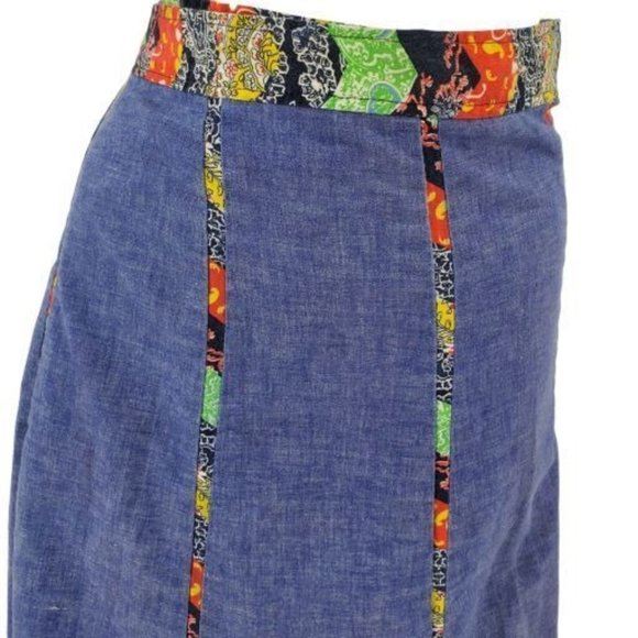 Vintage 70s Threadworks Blue Chambray Paisley Floral Paneled Wrap Skirt - Picture 4 of 9